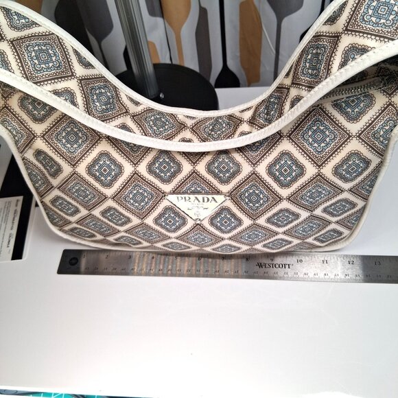 Vintage RARE Prada Hobo Handbag Blue Brown Paisley Nylon Leather Trim Medium - Picture 11 of 16